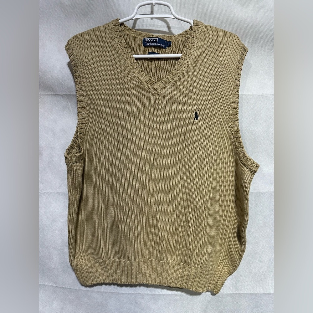 VTG Polo Ralph Lauren Tan Sweater Vest v-neck chunky pullover embroider Logo L